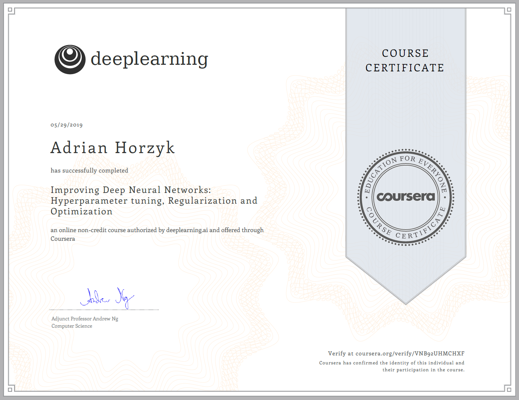 COURSERA Certificate Deep Learning Specialization Improving Deep Neural Networks for Adrian Horzyk